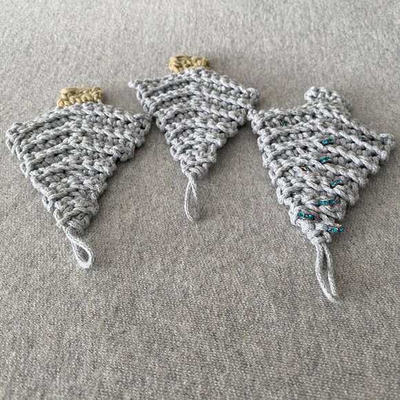 Handmade Crochet Pale Blue/Grey Holiday Christmas Tree Hang Decorations Set of 3 - Picture 4 of 5